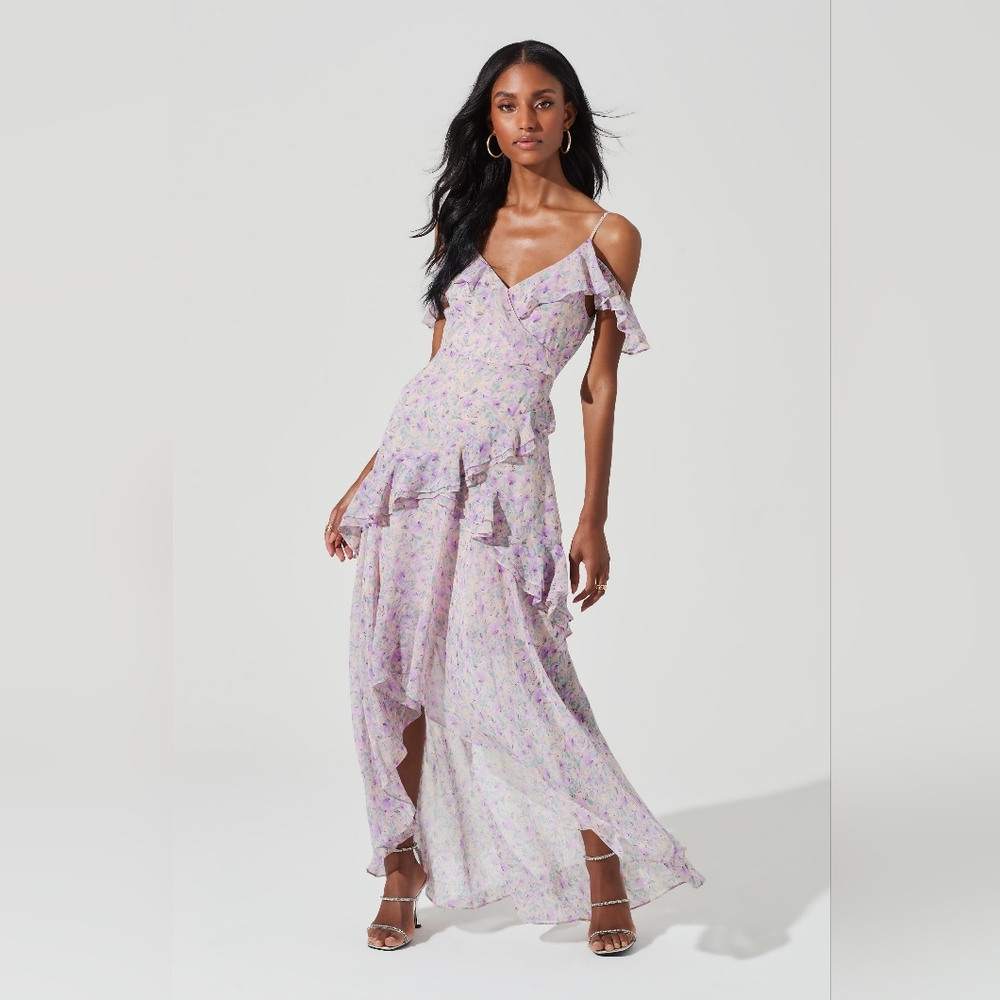 ASTR Lilac Purple Multi Pemberley Floral Ruffle Cold Shoulder Hi-Lo Maxi Dress